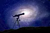 Silhouetted telescope on a tripod facing a glowing spiral galaxy in a starry night sky.