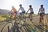 Four cyclists riding on a road under bright sunlight.