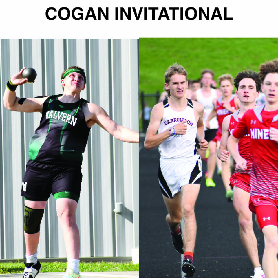 (left) Malvern freshman Parker Bowe won the boys shot put and discus. (Right) Carrollton junior Ricky Sibila passes Minerva runners Mason Steele and Grasyn Rettig to win the 1,600M run.