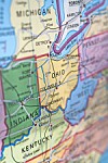 Close-up of a printed map showing Michigan, Ohio, Indiana and Kentucky.