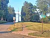 Suburban street corner with trees, grassy verge, utility poles, and road signs in bright sunlight.