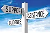 Wooden directional signpost with arrows labeled support, assistance and guidance.