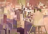 Abstract cityscape with clustered buildings in soft pastel colors.