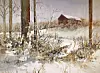 Snowy rural scene with a barn, leafless trees, and grasses covered in snow.