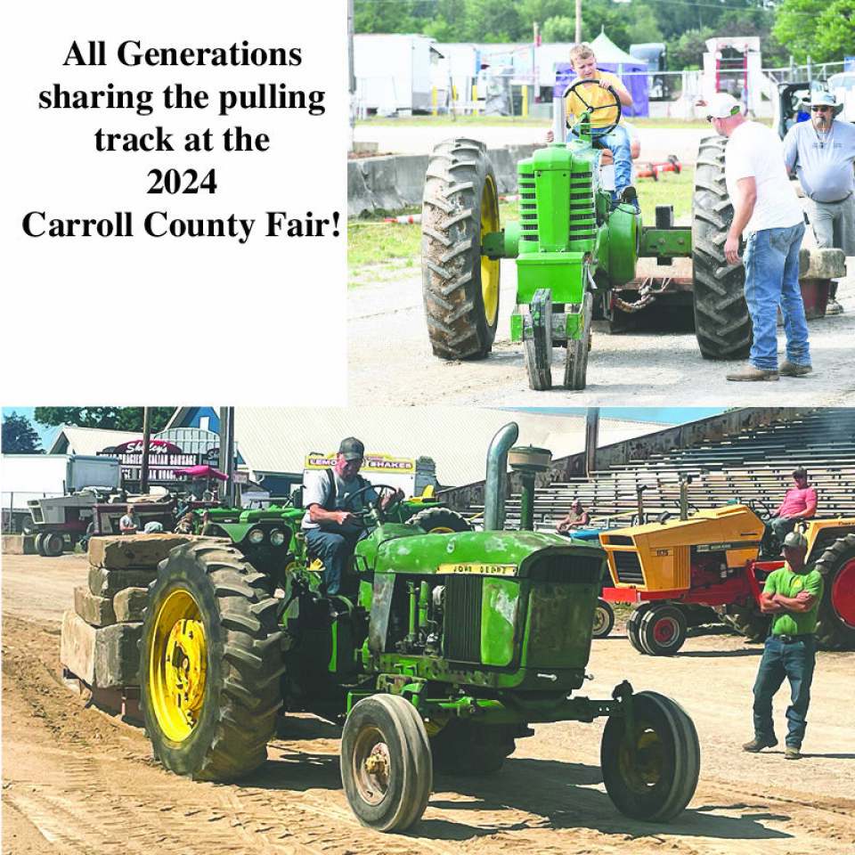 Photos by Carol and Pete McIntireTOP: Blake McIntire listens to instructions from his father, Derek, as he hooks to the pulling sled for the first time. BOTTOM: Mark Cargill completes a full pull in the deadweight competiton Friday. He’s been a competitor for 65 years. His son, Brian, looks on at right.