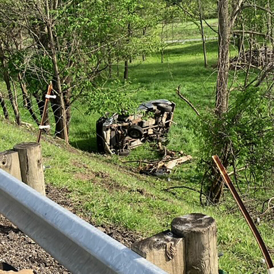 Submitted PhotoTwo people were ejected from this pickup during a May 8 crash on SR 43 in Lee Twp. The female passenger was life flighted to an Akron hospital.