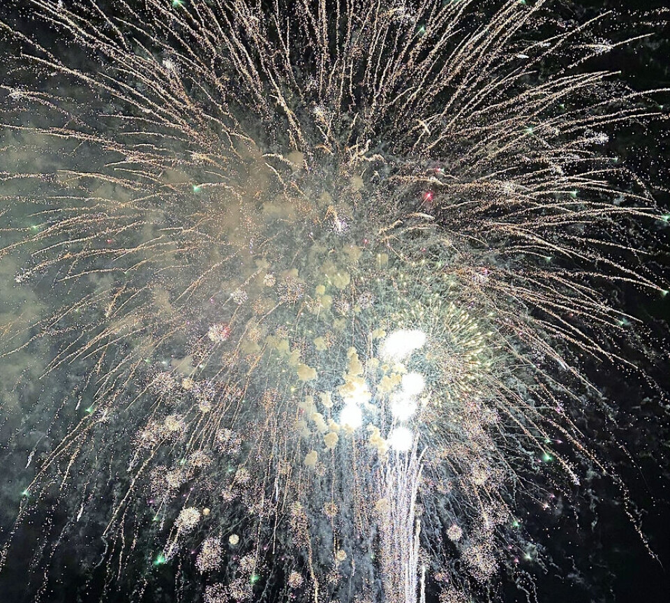 Fogos de artifício dourados e brancos explodem no céu noturno escuro.