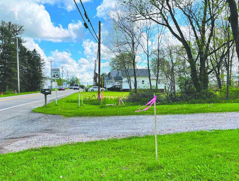 CCM/ Carol McIntirePink flags mark the right of way for the new sidewalk that tops the Ohio Department of Transportation’s Carroll County projects for 2024. The sidewalk will connect the school on SR 332 with the existing sidewalk on S. Lisbon St. and will be located on the west side of the highway.