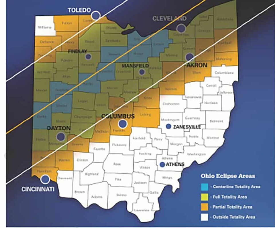 Source: Ohio EMA Solar Eclipse EventThe above maps shows the centerline totality area, full totality area and partial totality areas for the April 8 total eclipse. On this map, Carroll County is outside the totality area