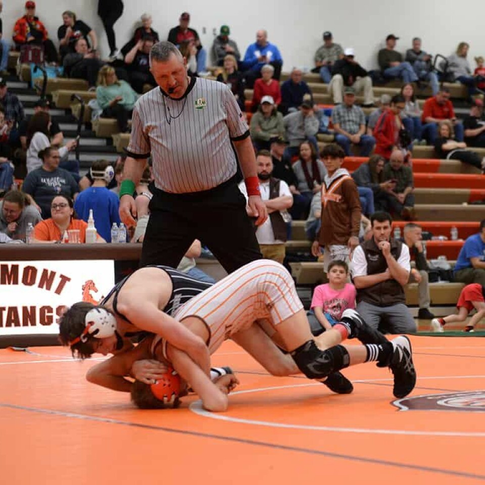 CCM/Carol McIntireKail Snair (stripes) pinned Daniel McGarr of Claymont in 3:15 to win the 113-lb. championship.