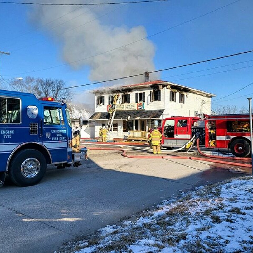 CCM/ Connie JenkinsFirefighters from several departments remained at the scene of a rekindle of a structure fire in an apartment above Marshall’s Restaurant in Bergholz at press time Monday.