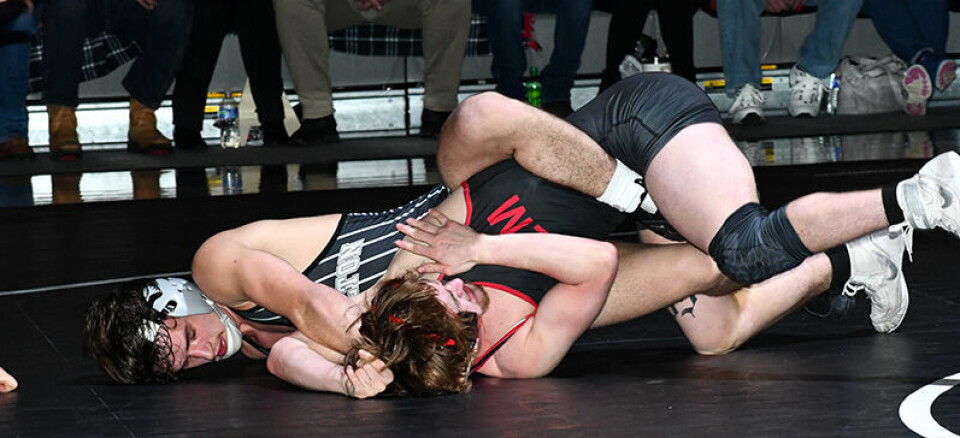 CCM/Carol McIntireCarrollton senior Levi Pidgeon(126 lbs.) (striped singlet) pinned Dominic Jezek of Salem on senior night last week.
