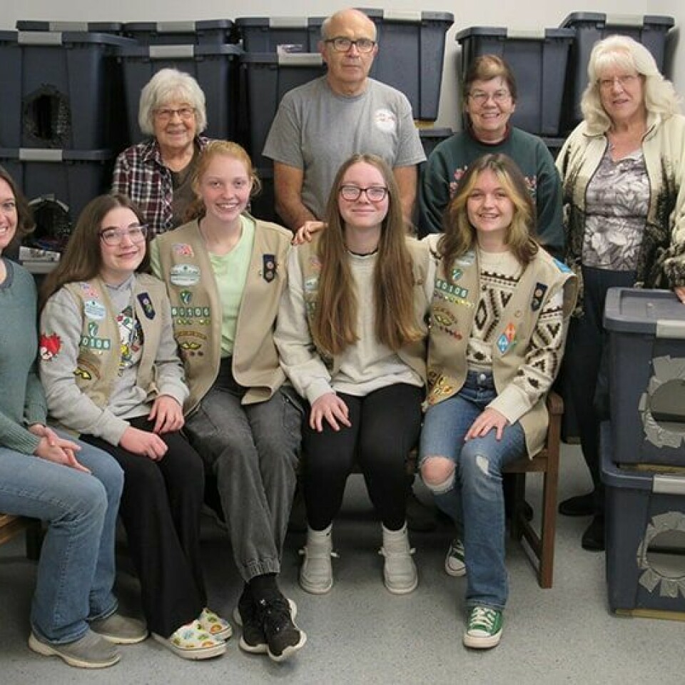 CCM/Thomas ClapperThose who met at the CCAPL shelter to distribute cat boxes include: (front row) Girl Scout Troop 60106 Leader Corinna Cook, Scouts Addilyn Yingling, Alaina Moore, Kada Manbeck and Cara Cook; CCAPL President Eileen Rohrer, Director Kevin Martin, Director Sheila Shepler and Vice President/Secretary Lorna Lowell-Whaley.