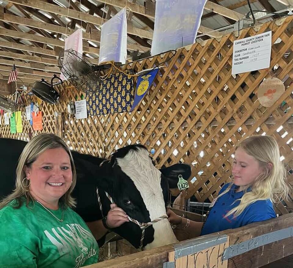 Submitted Photo Malvern Nutritional Director Stacey Bettis (left) and Aspen Ujcich are shown with Ujcich’s steer, “Jethro”, which the school district purchased at the Carroll County Jr. Fair Livestock sale.