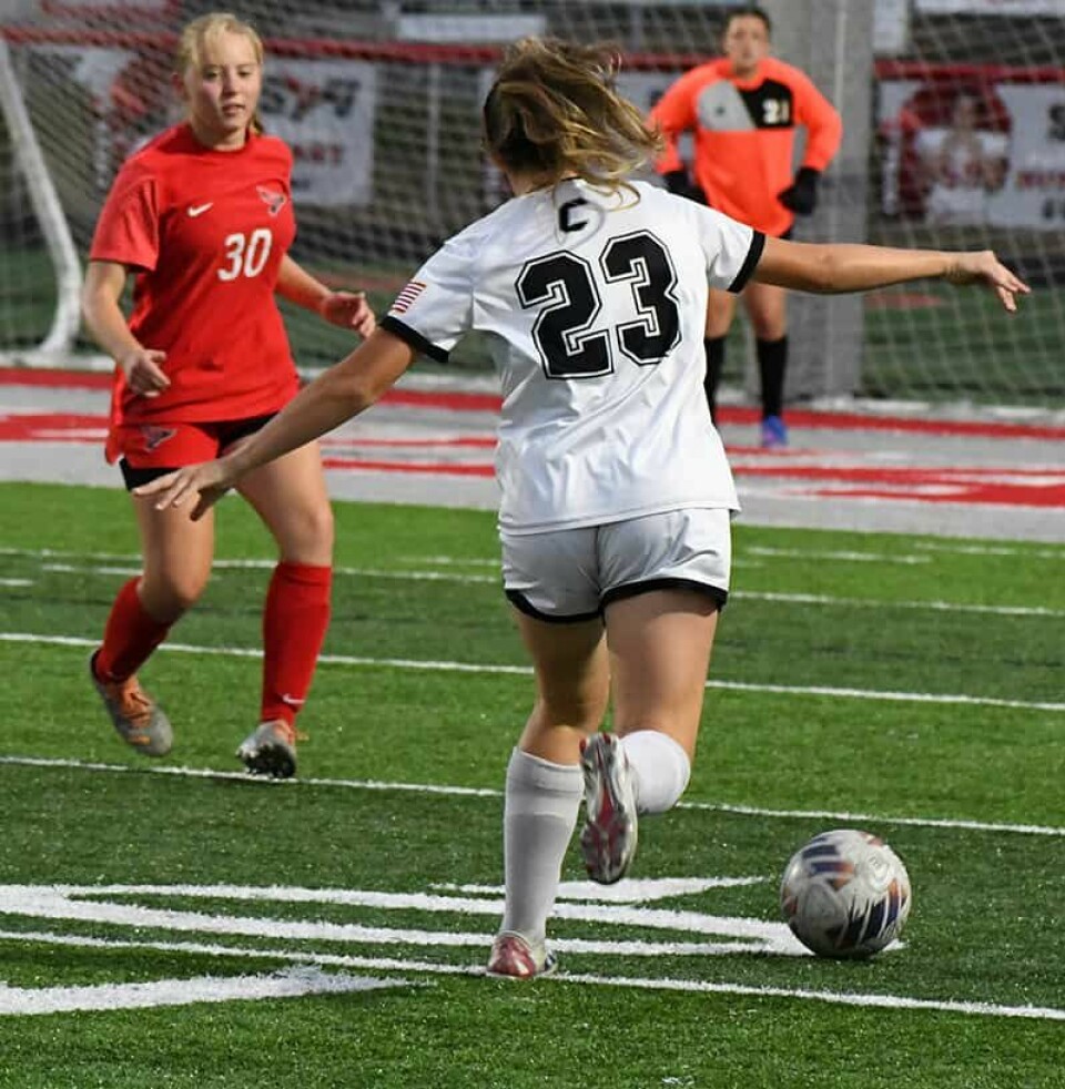 CCM/Dan RiesCarrollton sophomore Ava Kail takes a shot against Sandy Valley defender Ella Gotschall.