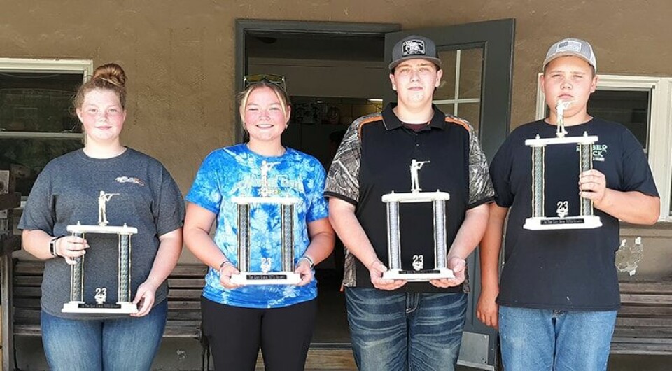 CCM/Dan Ries Trap Shooting special award winners. From left: Ruby Anderson, junior high Top Gun; Mackenzie Rummell, girls Top Gun; Dustin Ulman, boys Top Gun; and Brody Casper, junior high Top Gun. Absent: Bryce Lonca, most improved; and Malachi Carson, Thomas Parker Dedication Award.