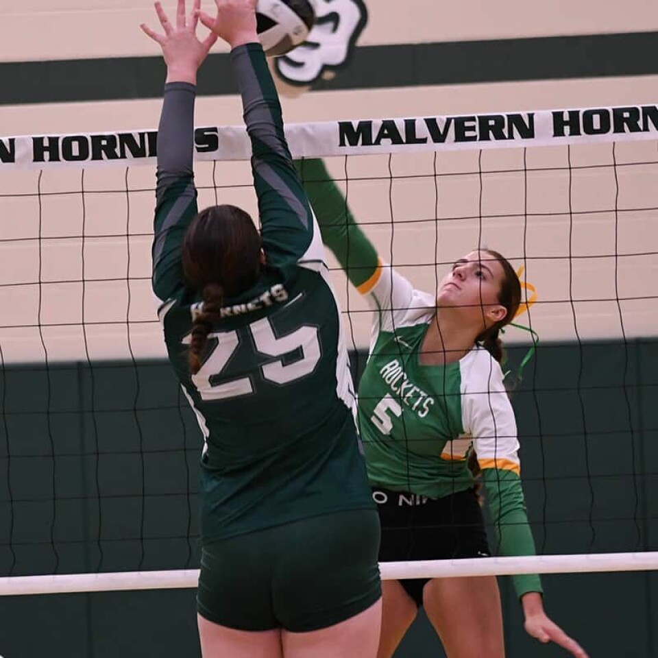 CCM/Carol McIntireMalvern senior Haley Wilkinson (25) blocks a shot from Conotton Valley freshman Ava Williams (5).