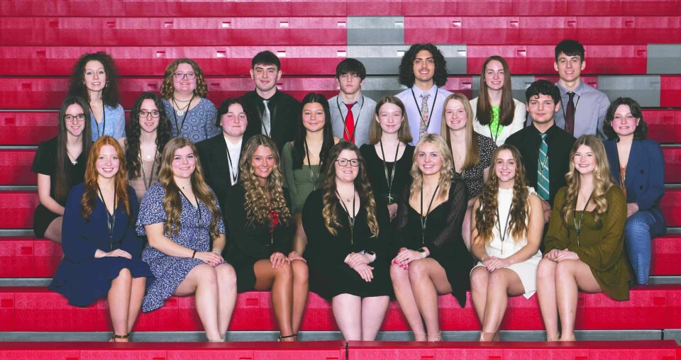Photo Courtesy of Dunlap PhotographyNew members of the Minerva National Honor Society are shown above. Front row (left to right):Olivia Mandato, Juila Costea, Charleigh Trussel, Attianna Saunier, Gabby Romano, Ava Haueter and Bella Gambone. Second row: Payton Walker, Leeann Walker, Lillian Shook, Sarah Palmer, Kyle Grogg, Abby Ide, Maxx Burgess and Regan Taylor. Third row:Cheyenne Meyers-Risher, Jadyn Neikirk, Aaron Honeycutt, Connor Norris, Gary Esber, Hailey Dray and Logan Frigyes.
