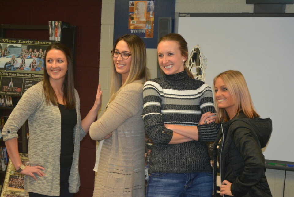 River View’s 2006 and 2007 state title teams reunite Ashley Owen Conidi, Brittany Bailey, Kristin Daugherty Ronai, and Sami Dickerson Chrisman recreated the pose from their senior basketball season picture during a reunion organized for River View High School’s 2006 and 2007 Division II Girls State Championship teams. Josie Sellers | Beacon