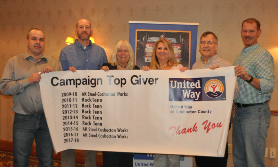 United Way celebrates kindness and generosity of the community AK Steel received the top giver award during United Way of Coshocton County’s annual breakfast meeting on Feb. 16 at Coshocton Village Inn & Suites. Pictured from left are Dick Bechtol, Troy Balo, Sue Tubbs, Debbie Pennybaker, Tim Rohr and Kurt Knicely. Mark Fortune | Beacon