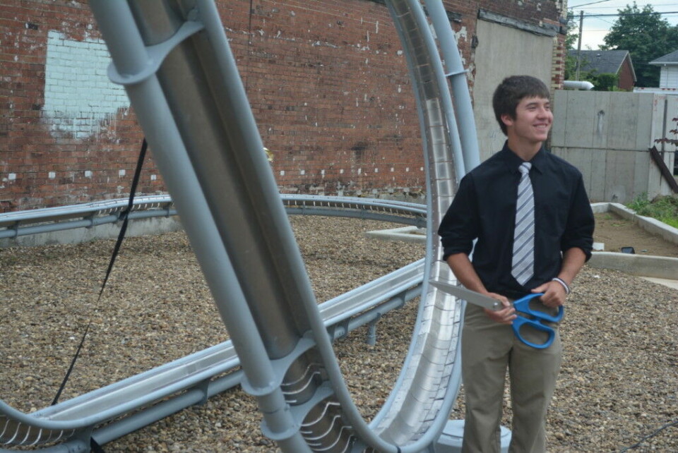 Roller coaster art piece officially unveiled Jayden Kelley, a 2017 River View High School graduate, had the pleasure of cutting the ribbon to officially unveil the roller coaster art piece at the artPARK on Main Street. Josie Sellers | Beacon