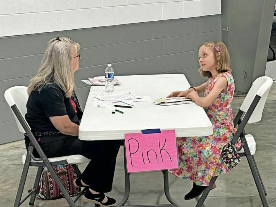 Judge Kim Mumaw chats with 4-Her Rachael Ellis about her sewing project. The 4-H Life Skills award winners will be presented at this year’s fair in the main arena on Saturday, Aug. 10. Judges play key role in 4-H Life Skills projects