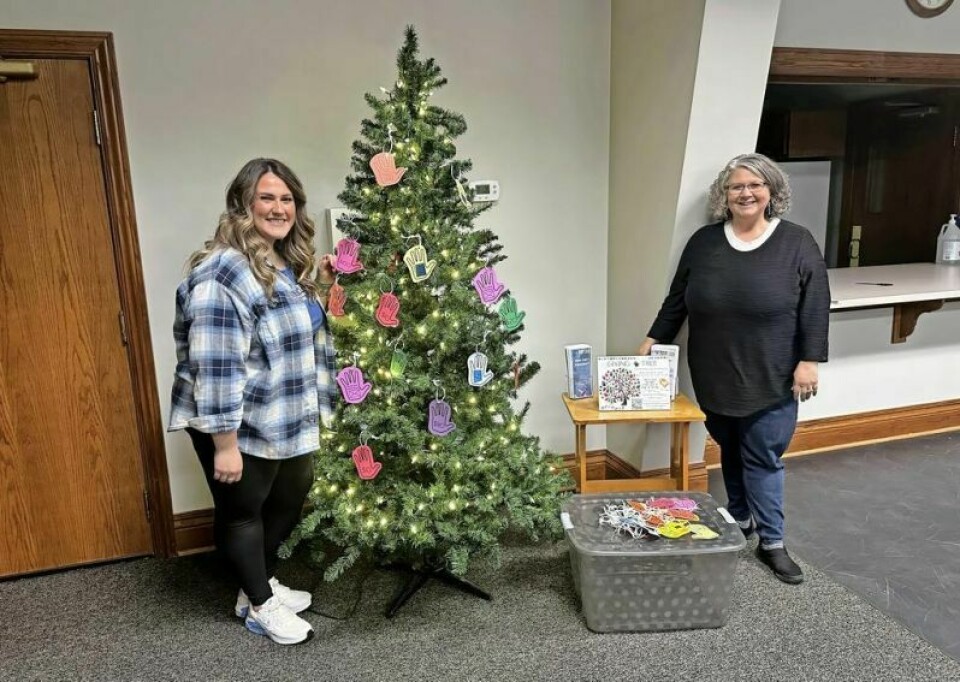 Love in the Name of Christ Executive Director Vicki Conn, right, and staff marketing and communications member Cassie Knapp set up the first Love INC Giving Tree at Martins Creek Mennonite Church. The tree is available for one-month stretches and gives members of churches and businesses an opportunity to give to the local outreach ministry by supporting various portions of the organization. Love INC ready to plant Giving Trees around the county