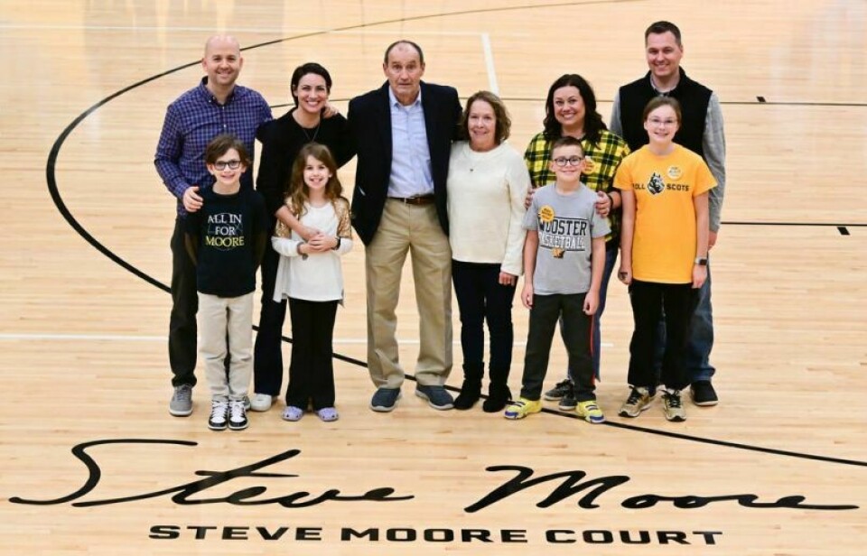 Steve Moore, his wife Jane, their two daughters and their families gathered at Timken Gym on Jan. 27 for the formal dedication of Steve Moore Court. A ‘most special day’ for Scots basketball and Moore