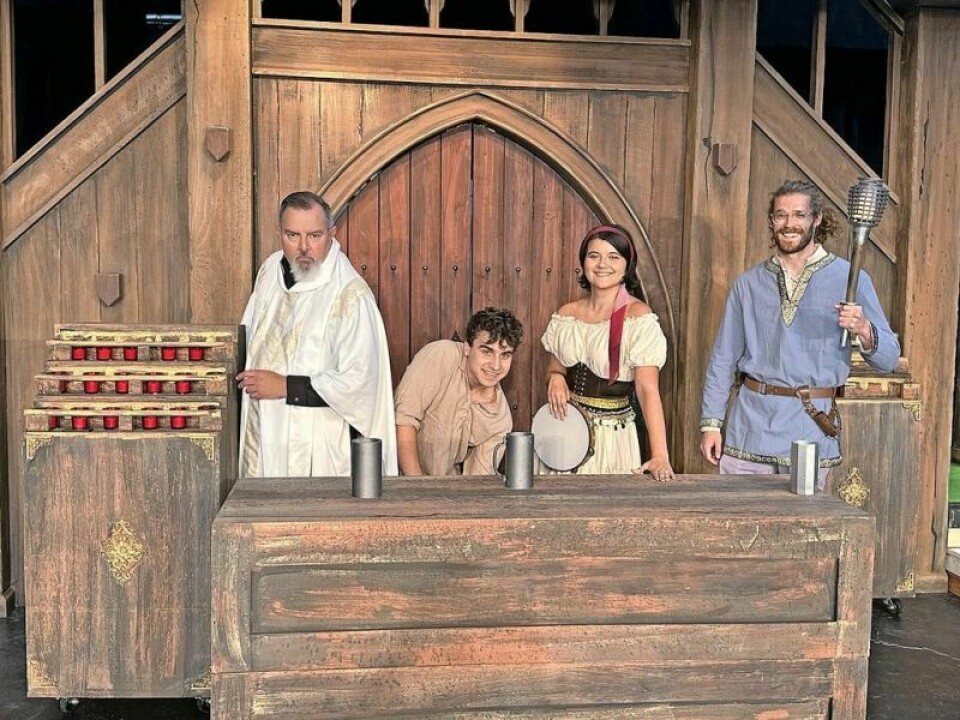 Larry Sams, left, Nathan Bond, Mykala Aldergate and Francis Brogan rehearse a scene from The Little Theatre summer musical, “Hunchback of Notre Dame.” Summer musical based on gothic novel