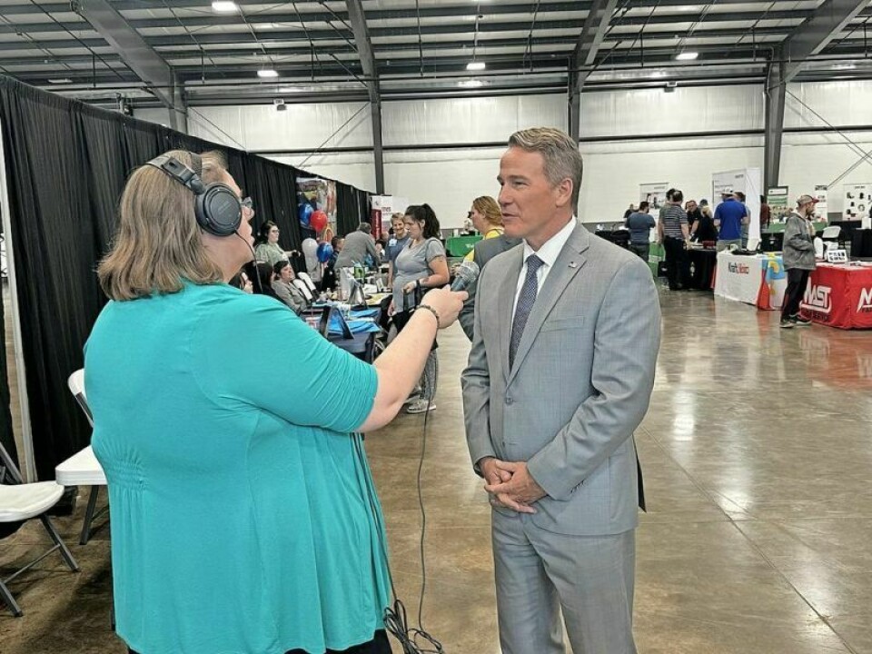 Ohio Lt. Gov. Jon Husted chats with WKLM on-air personality Melissa Patrick during his recent visit to the Job Fair at Harvest Ridge. Husted makes the most of time away from home