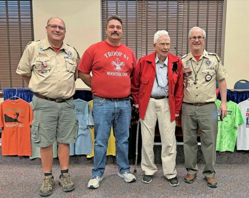 Troops 61 Boy Scout leaders John Veney, left, Thomas Tannhof, Jim Taggart and Craig Reynolds pose for a photo during the annual spaghetti dinner fundraiser, which was held at First Presbyterian Church in Wooster on Oct. 8. At age 90, Taggart has been involved in Troop 61 for 80 of the troop’s 111 years after starting as a grade schooler in the 1940s. Wooster’s Troop 61 honors long tradition at annual dinner