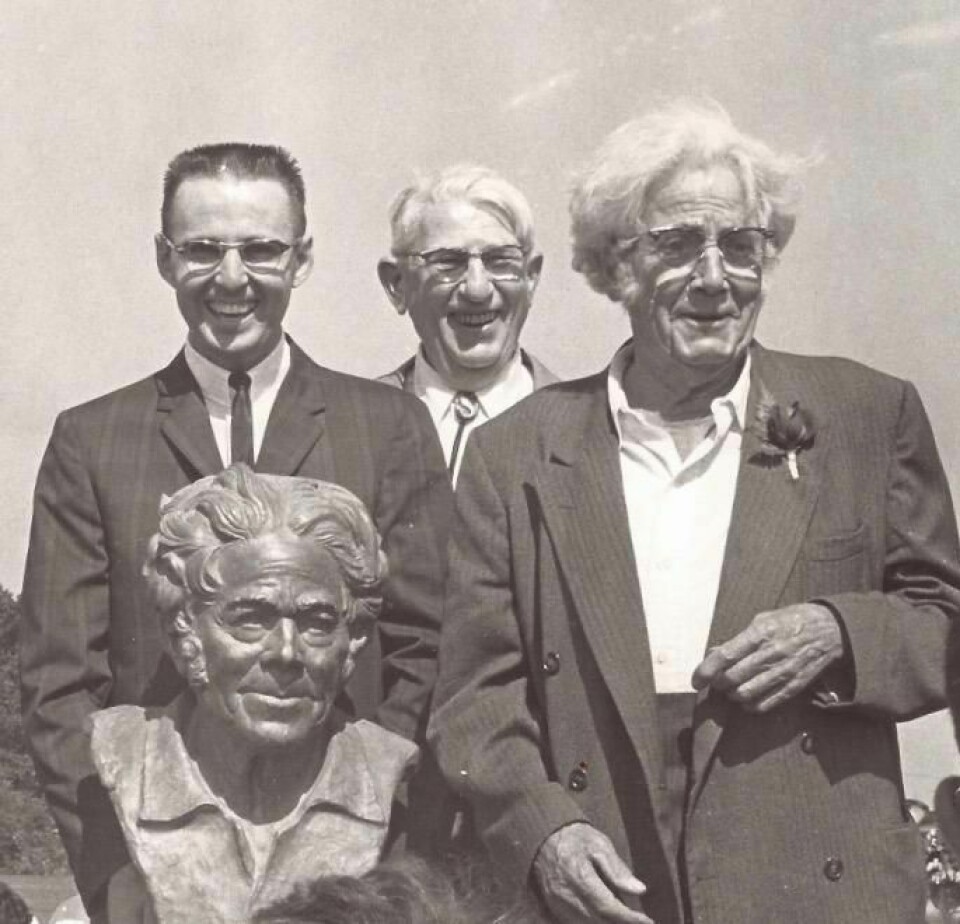 Bill Shell, left, Walter Senz, Ernest “Mooney” Warther. Taken at Crater Stadium when Mooney was given the bronze bust for Mooney Warther Day by the city of Dover. Warther to unveil historic marker