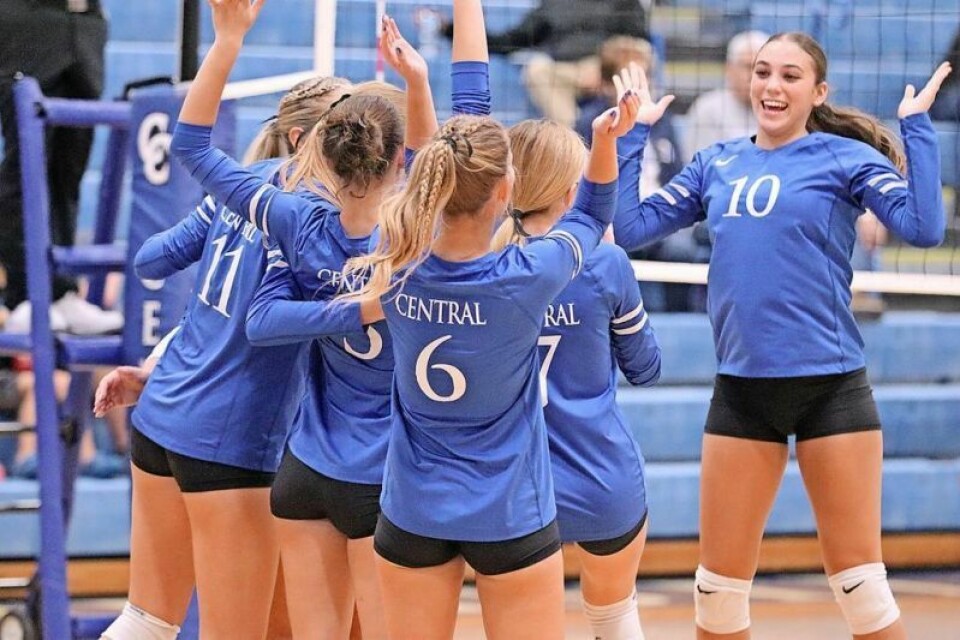 Central Christian players celebrate a point in a recent win. The program enters the postseason with 15 victories, the most since the 2020 season. Central volleyball does 180 in return to winning ways
