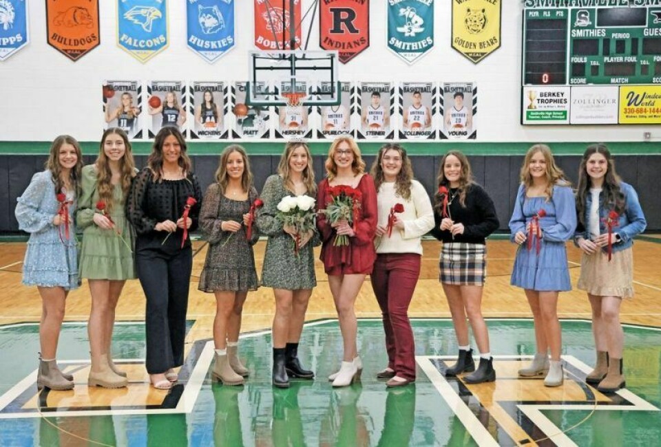 The winter homecoming court at Smithville included Faith Lengacher, left, Kiersten Ross, Lila Feil, Abby Besancon, Queen Madelyn Lengacher, Princess Sophia Besancon, Adeline Thorn, Hailey Thut, Reagan Gherian and Annalise Wertz. Lengacher named queen at Smithville High homecoming