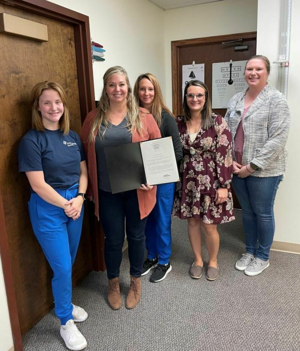 The local pediatric office received a Senatorial Commendation for efforts to combat youth nicotine use. Pictured with the commendation certificate are Amanda Fowler, RN, left; Angela Simmerman, CNP; Courtney Cox and Hunter Peters from Twin City Medical Center; and Katelyn Gorius from the Tuscarawas County Health Department. Simmerman’s office receives Senatorial Commendation
