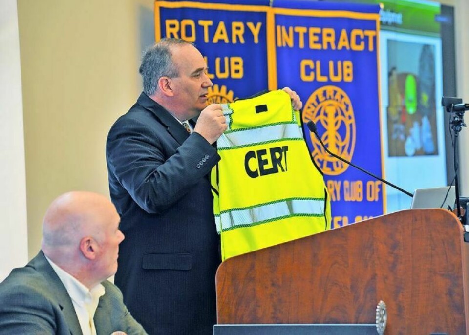 Retired Wayne County Sheriff Capt. Doug Hunter holds a vest provided by the sheriff’s office. A local first-responding agency must sponsor CERT teams. In Wayne County it operates under the umbrella of the sheriff’s office. County CERT team anticipates the next class