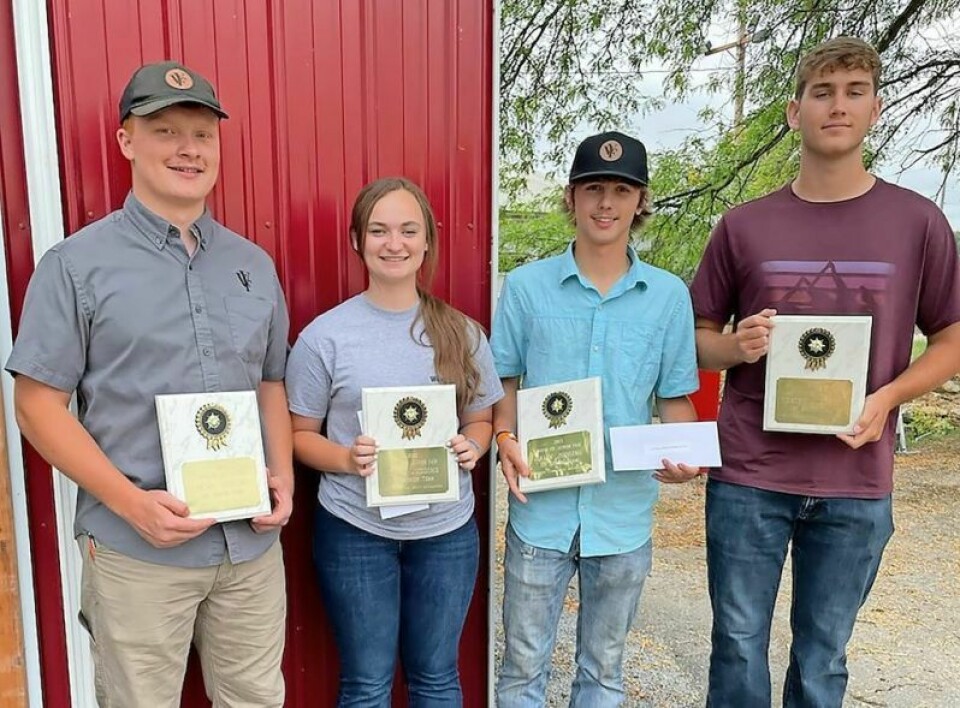 The West Holmes FFA dairy judging team competed in the Wayne County Fair dairy judging contest, and the team emerged with a first-place effort. Team members included Wyatt Schlauch, left, Laina Croskey, Tyler Zimmerly and John Maloney. A grand Wayne Co. Fair for WHHS Zimmerly duo