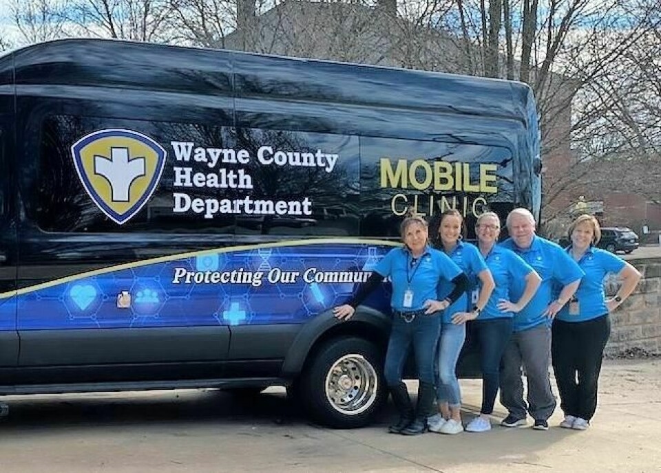 The Wayne County Health Department has acquired a mobile unit. Shown here with the unit are health department nursing team members Cheryl Fields, left, Director Patty Reining, Melissa Ahrens, Mark Ritchey and Betsy Miller. Wayne Health Department gets mobile unit