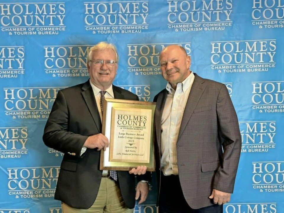 Dan Schlabach, owner of Little Cottage Company, Wild Ridge and Green Fox Plastics and recipient of the 2023 Holmes County Chamber of Commerce Large Business of the Year, accepted the honor at this year’s banquet from presenter Rob Hovis. Little Cottage Company started with big dreams