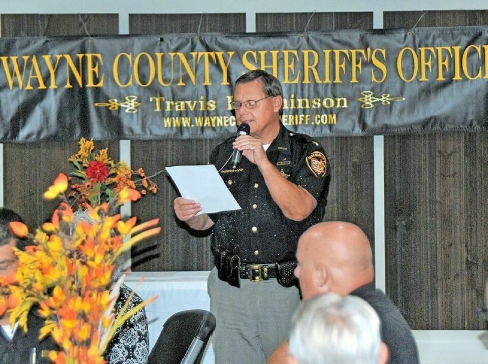 Wayne County Sheriff Travis Hutchinson speaks during a recent Buckeye State Sheriffs’ Association meeting his office hosted at RES Auction Services. Each meeting focuses on topics that allow law enforcement to effectively conduct their business while building trust in the community. Wayne sheriff hosts his final BSSA meeting