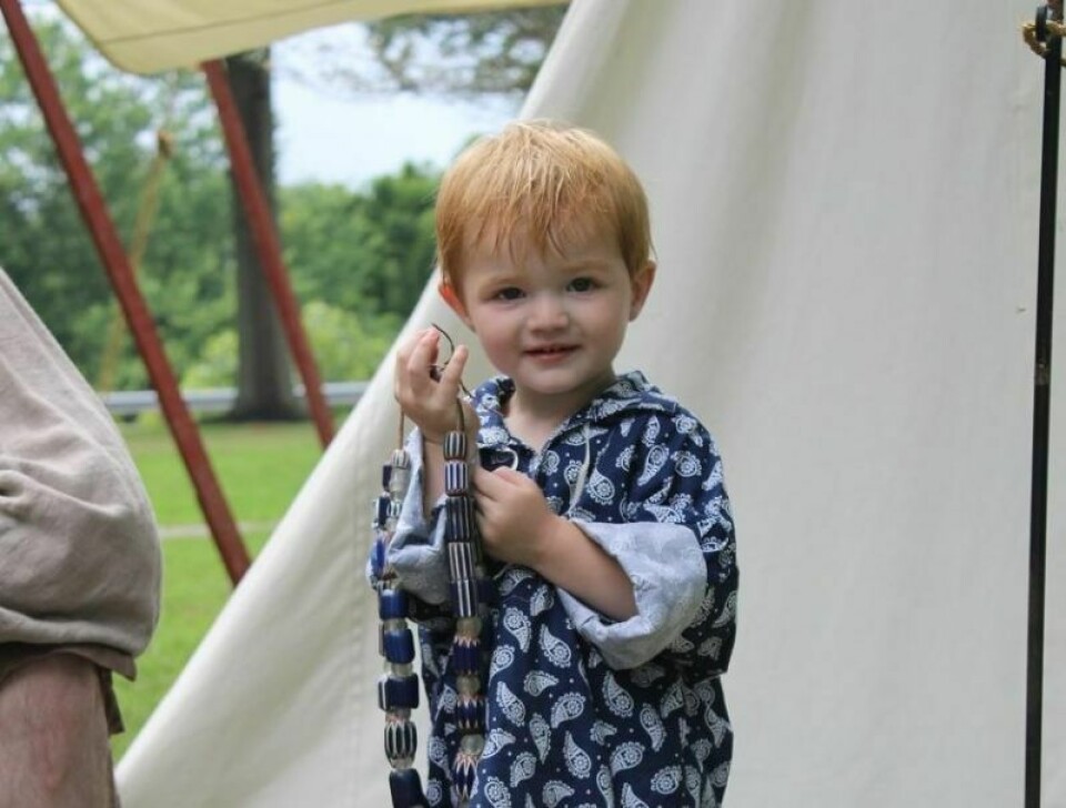 Braxton Montgomery, 2, of Stark County is ready to start trading at Gnadenhutten's Pioneer Days. Pioneer Days connect reenactors to their past