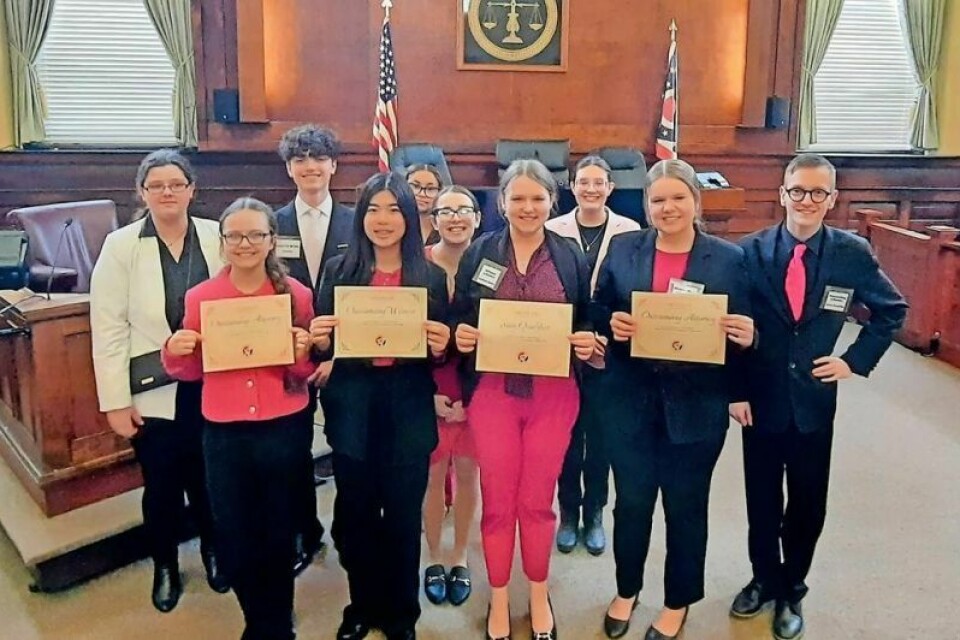 Claymont’s mock trial team state qualifiers: Cora Dotts, front left, Ashley Yang, Gemma Dotts, Ellie Baker, Zane Kuczirka; back row, Nevaeh Perez, Braxtyn Myers, Malaika Douglas, Selena Spellman and Cambria Edwards. Trial team advances to state finals