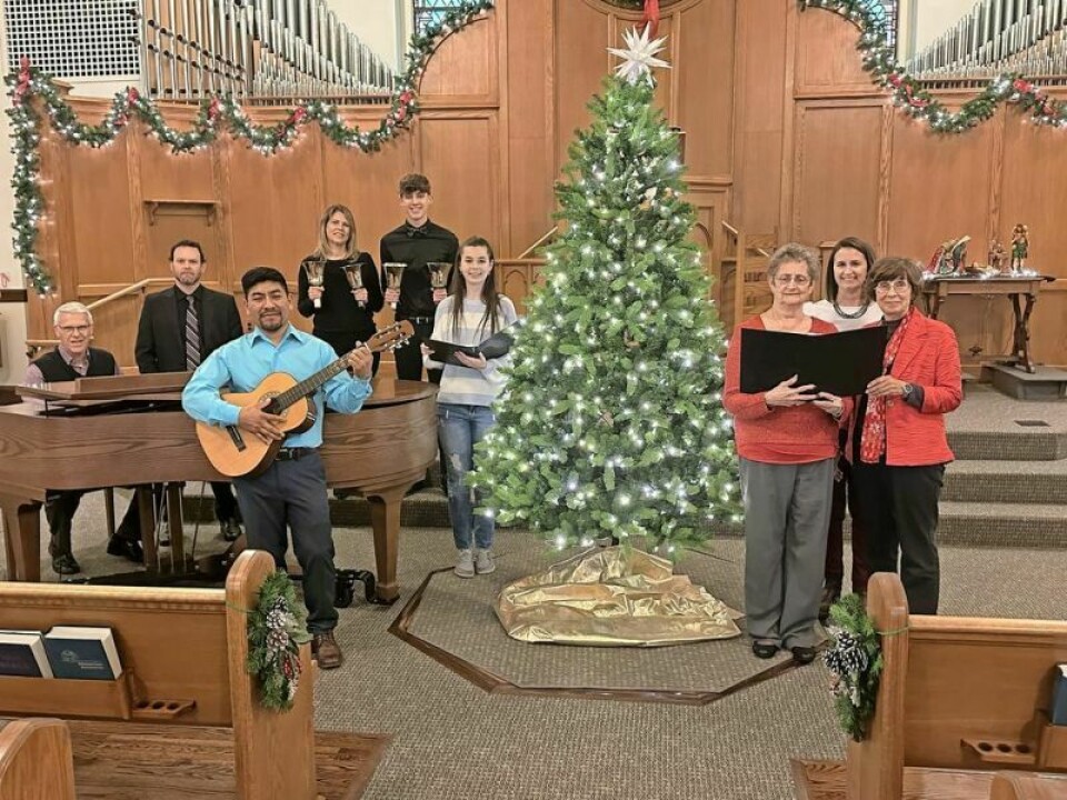 Carlos Solis, front left, Abigail Zeedyk, Linda Rute, Barbara Rice; back row, G. Randall Gibbs, Jeremiah Jones, April Yoder, Ryan Yoder and Christine Rice, rehearsing for Lessons and Carols Lessons and Carols will be presented at St. Joseph’s