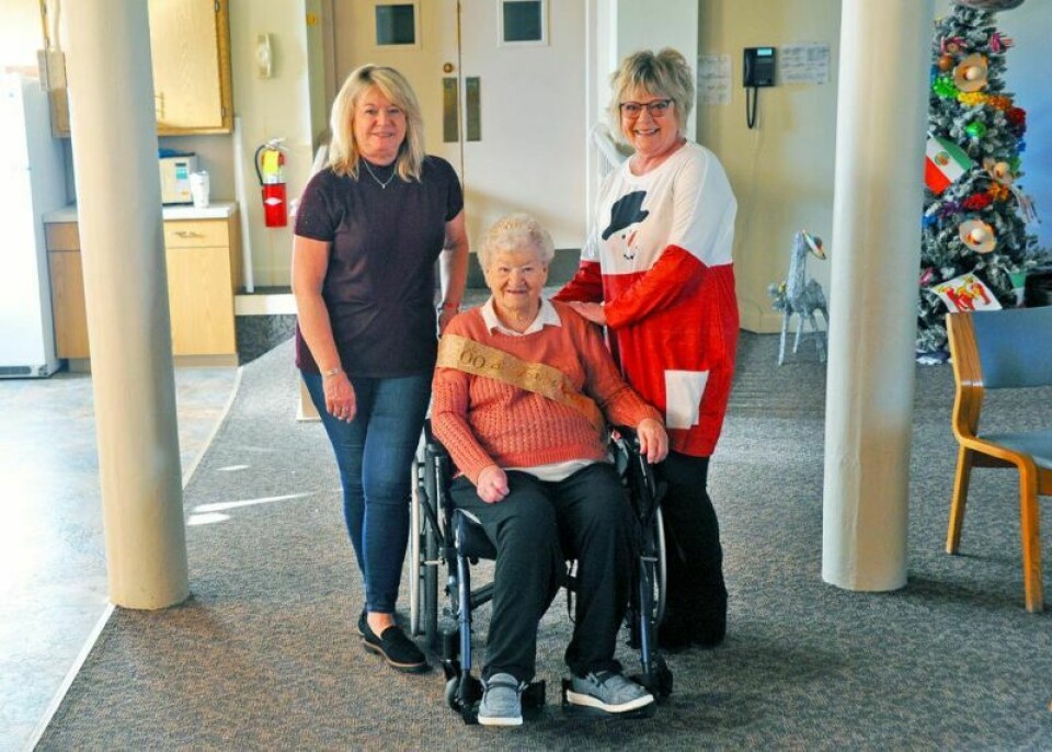 Wayne County Care Center resident Peg Persinger celebrated her 100th birthday recently with her daughters Lynda Geitgey, left, and Sue Boss. Family matriarch Persinger turns 100
