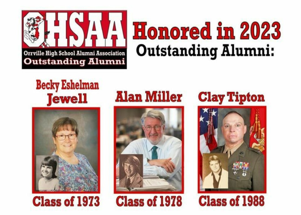 Orrville High graduates Becky Eshelman, Alan Miller and Clay Tipton have been selected as the Outstanding Alumni for 2023 by the Orrville High School Alumni Association. The alumni awards are returning this year after an eight-year hiatus. Orrville High announces 2023 Outstanding Alumni