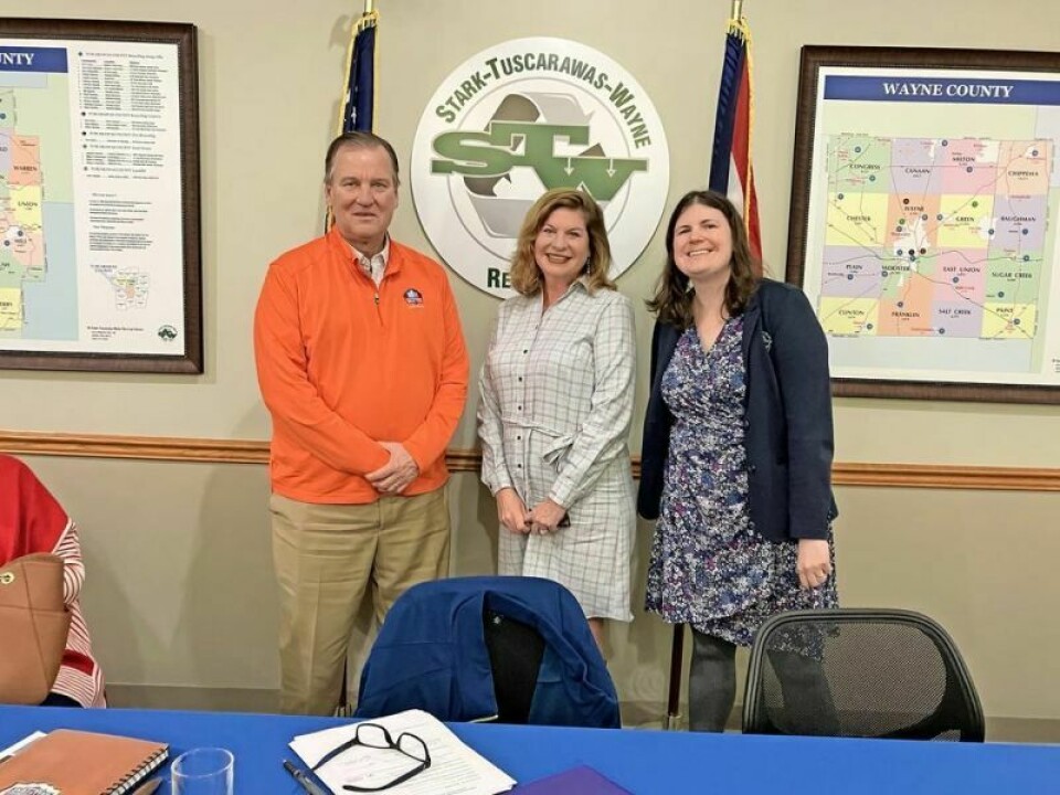 Stark County commissioner Richard Regula, chairperson, left; Tuscarawas County commissioner Kristin Zemis, vice chairperson; and Rachel Rothacher, administrative director, secretary. JSWM District board discusses its solid waste plan