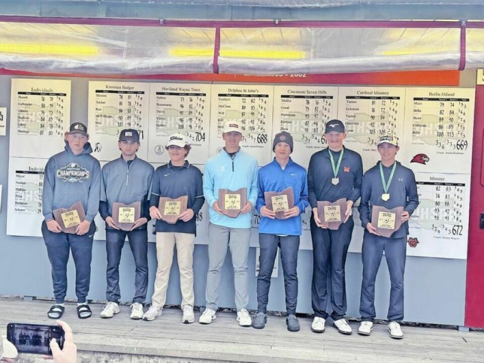 A pair of local golfers earned first-team All-Ohio honors at the Div. III state golf tournament. Hiland’s Jack Mast, third from left, and Garaway’s Trace Gibson, in the light blue, played very well on the second day to secure a spot. Gibson goes nuts on day two again to earn All-Ohio honors