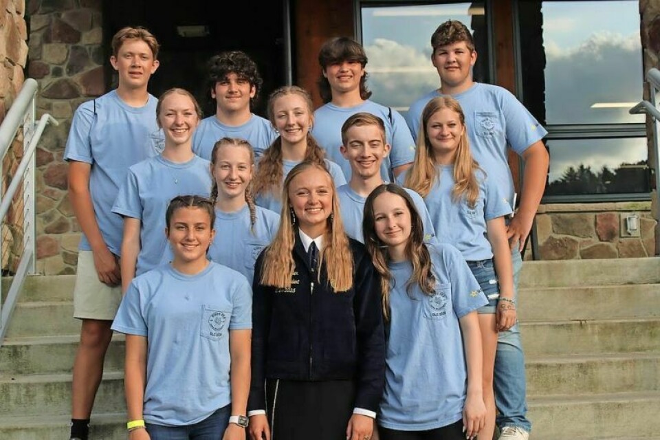 West Holmes FFA members pose for a picture with State FFA President Anna Moeller. Those pictured are Bri Poventud, front left, Moeller and Hanna Bruce; second row, Emberlyn Miller and Garrett Fowler; third row, Andi Schuch, Jenna Sheldon and Emma Eberhard; and fourth row, Alex Pringle, Logan Van Dalen, Blake Patterson and Jarrett Schafer. West Holmes FFA members attend Ohio Leadership Camp