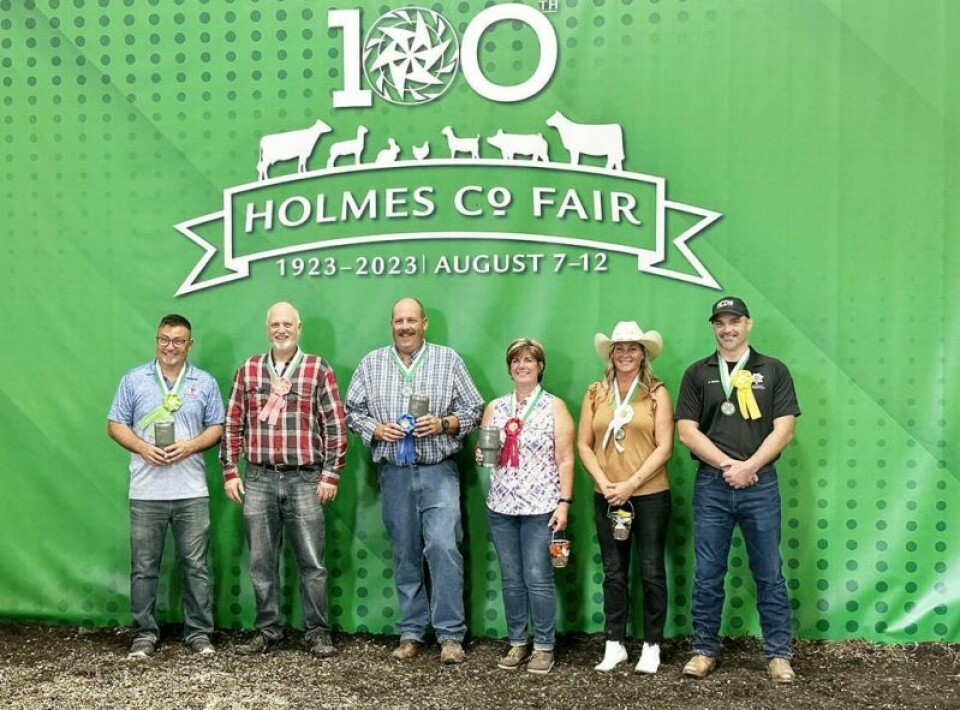 The Holmes County Fair Celebrity Showmanship contestants included People’s Choice award winner Steve Butcher, left, Dave Mast, champion Trevor Berger, runner-up Rachel Day, Carrie Maltarich and Jonathan Beam. Area celebrities add some fun to the fair week mix