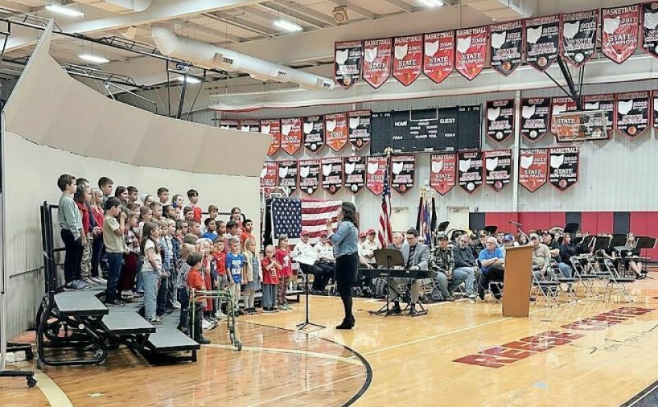 Part of the Veterans Day celebration at Hiland High School that was created by the Hiland National Honor Society was having the district’s second-grade students sing several patriotic songs. Hiland NHS gets personal with area veterans
